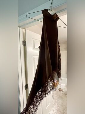 Asymmetrical Dark Brown blouse with lace.